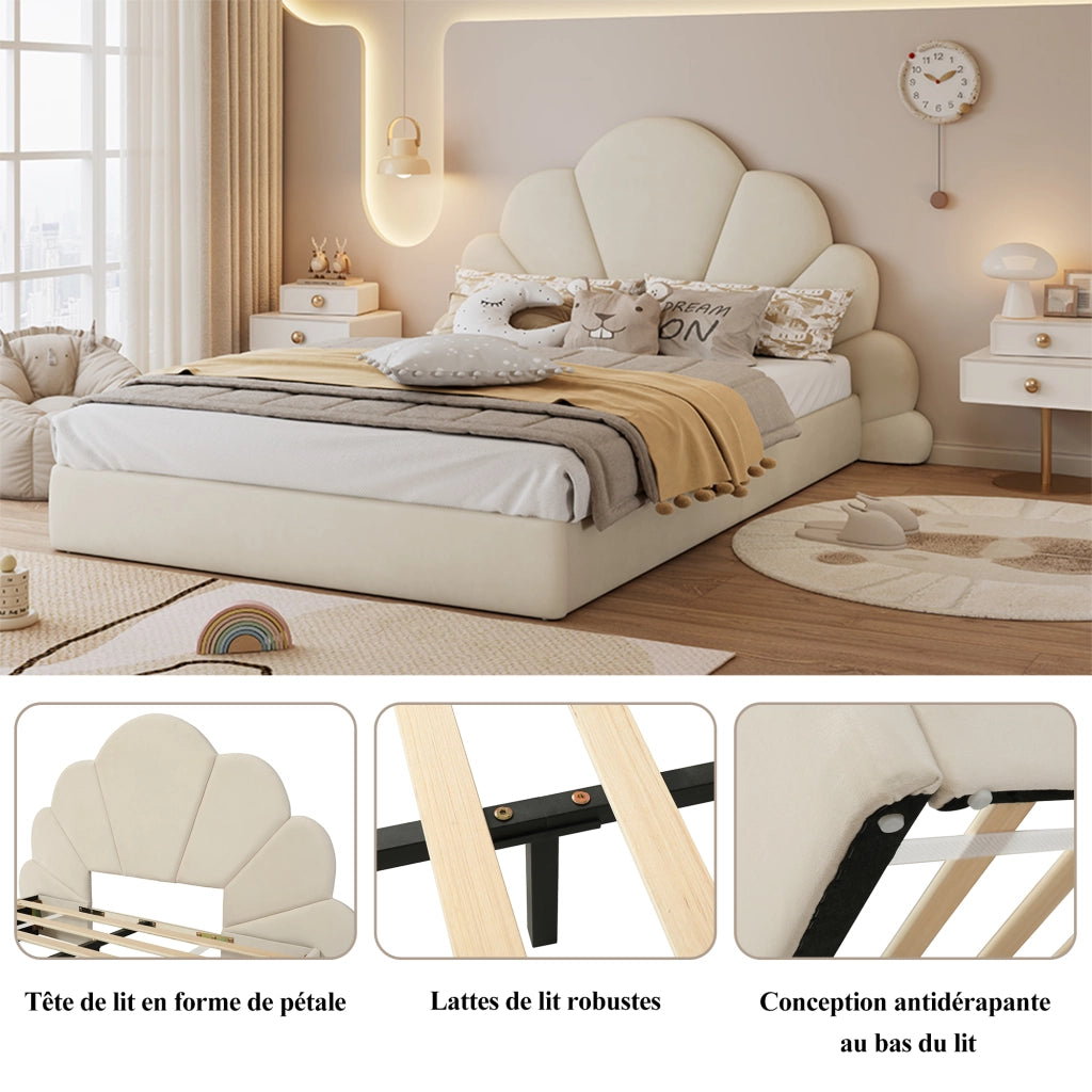 Letto Matrimoniale 140 x 200 cm; Testiera a Fiore; Imbottito in Velluto - Beige