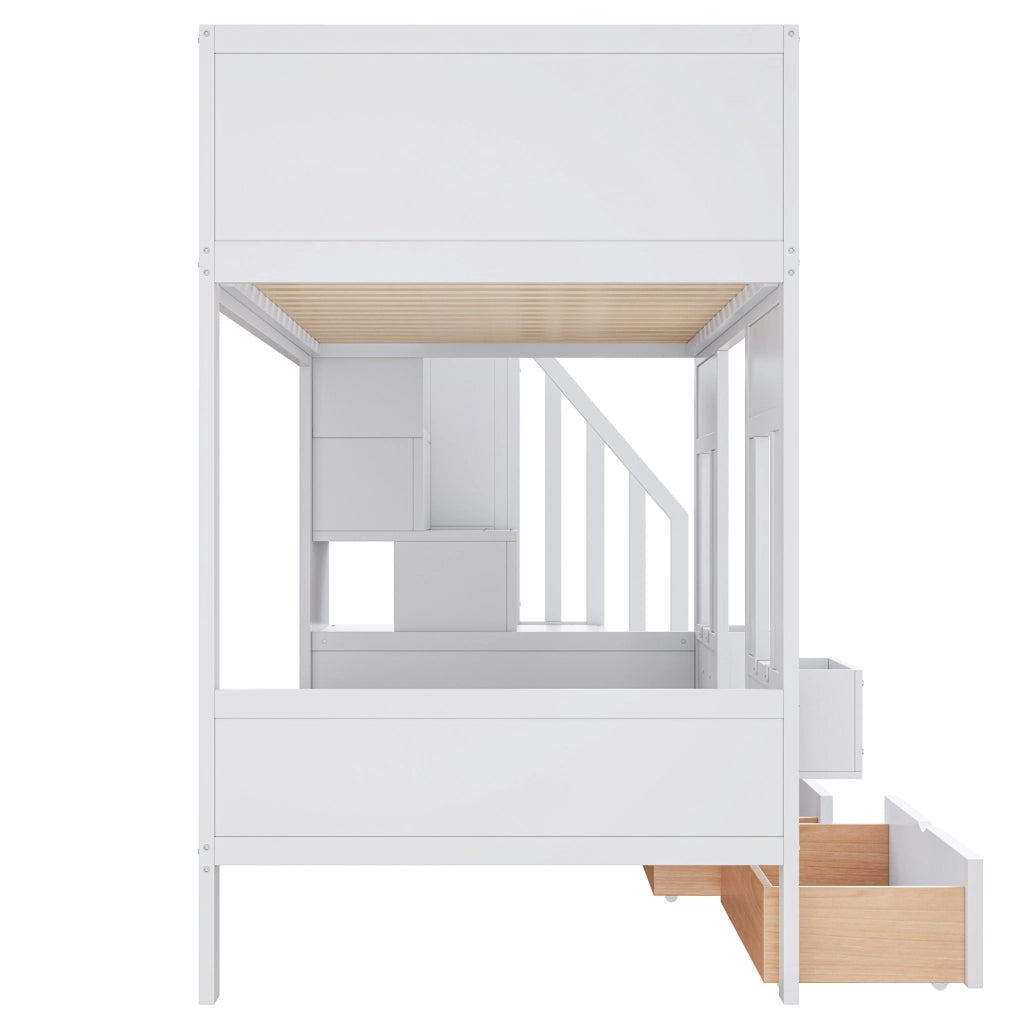 Letto a castello per bambini 90x200 con scale e cassetti; letto a soppalco con finestre; legno; corrimano di sicurezza; risparmio spazio per i bambini