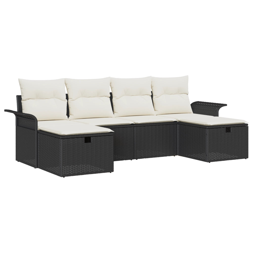 Set Divano da Giardino 6 Pezzi con Cuscini Nero Polyrattan