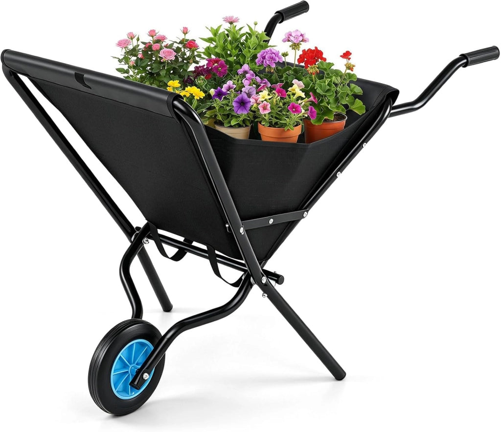 Carriola da Giardino Pieghevole con Tasca in Tessuto Oxford | Carrello da Esterno con Manico Antiscivolo, Struttura in Metallo, Ruota e Grande Capienza da Cortile e Fattoria