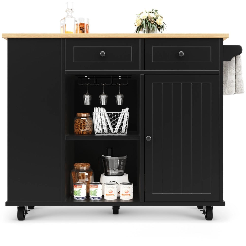 Isola Cucina con Ripiani e Portabottiglie ¨C Xylo ¨C Nero, Piano in Legno