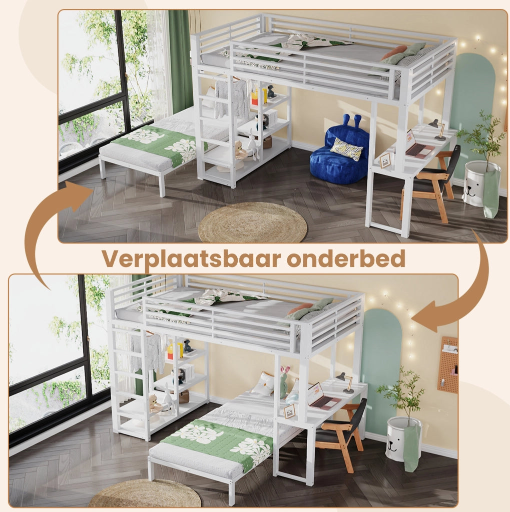 Letto a soppalco 90x200 cm con scrivania; ripiani e vano guardaroba; bianco in MDF e metallo
