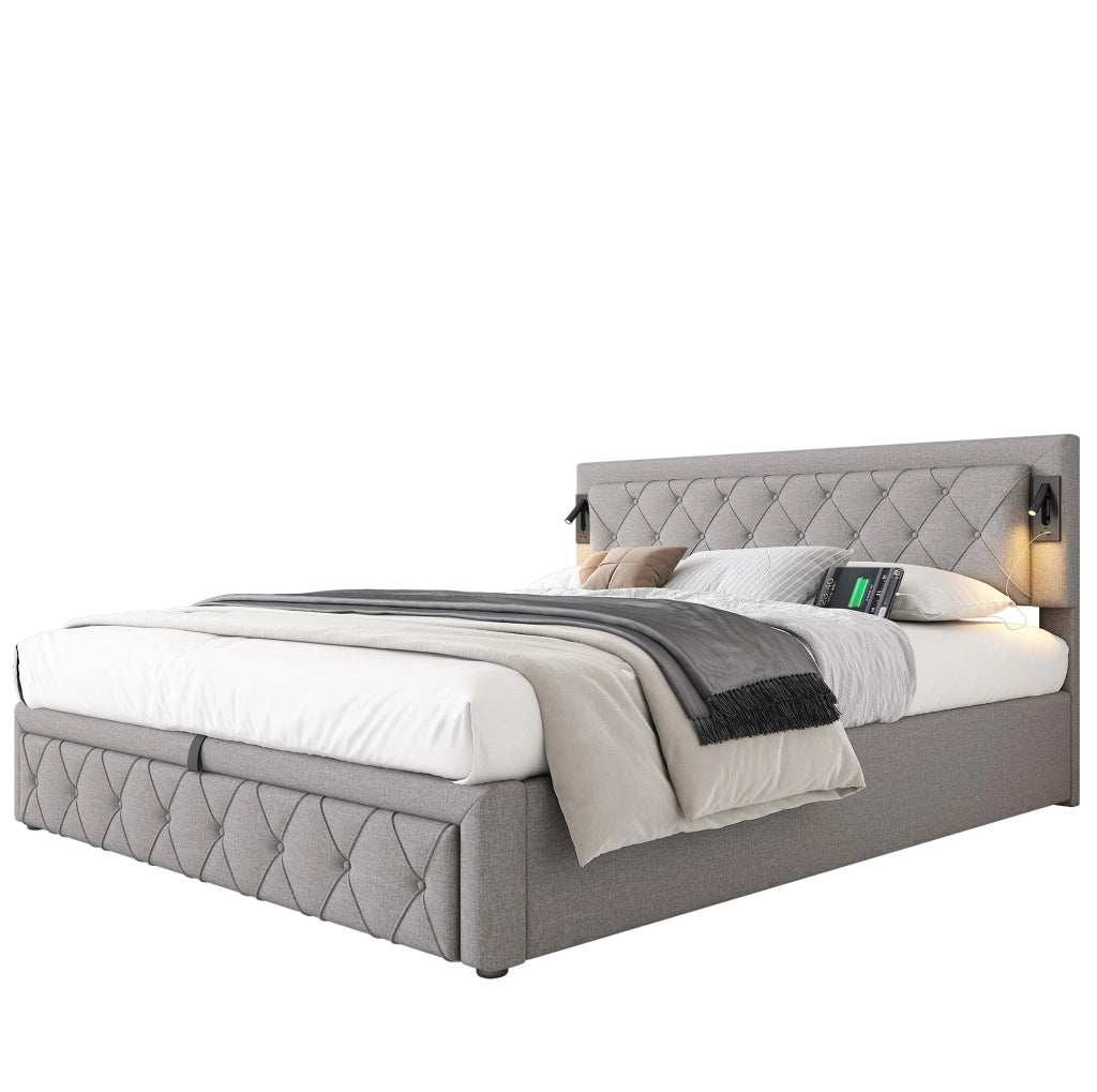 Letto imbottito con contenitore, luci e USB, grigio