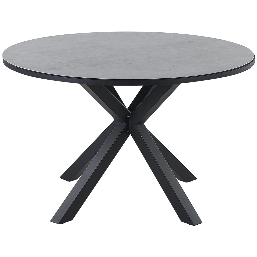 Set da pranzo da giardino Tavolo in alluminio grigio e nero Piano in vetro ceramico Sedie in rattan PE Telaio in acciaio inox Arredo da esterno a 4 posti Moderno