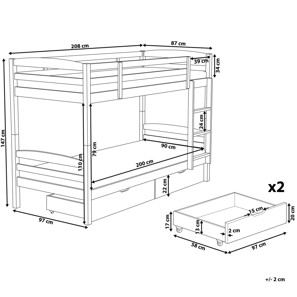 Letto a castello letto doppio con cassetti portaoggetti in legno di pino bianco singola 90 x 200 per bambini cameretta
