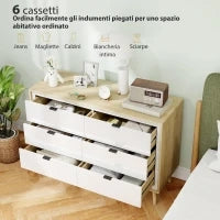 Cassettiera con 6 Cassetti in Legno per Camera da Letto, 110x40x75 cm, Bianco Lucido e Rovere