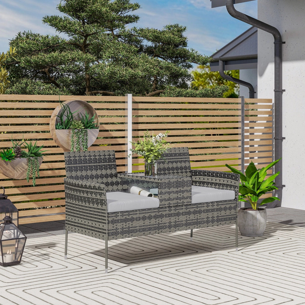 Panchina da Esterno 2 Posti con Tavolino da Caff¨¨, in Acciaio e Rattan PE, 137x59x82 cm, Grigio