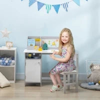 Set Tavolo e Sedie per Bambini 5+ Anni in Legno con Banco Scuola e Sedia Bianco e Grigio