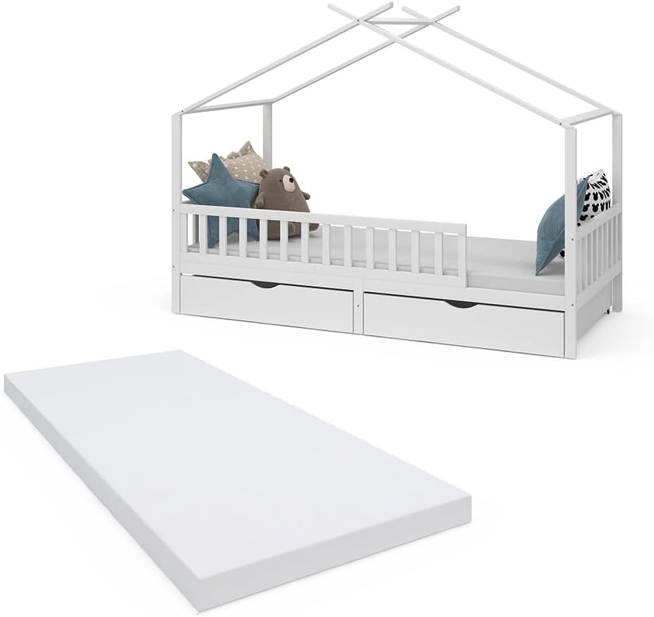Letto montessori bambini Franka, Bianco, 90x200 cm con 2 cassetti e materasso, adatto per materassi fino a 90x200 cm e combinabile