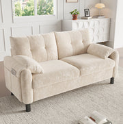Divano 2 posti modulare in ciniglia beige con tasche laterali e 2 cuscini; 158 × 80 × 88;5 cm