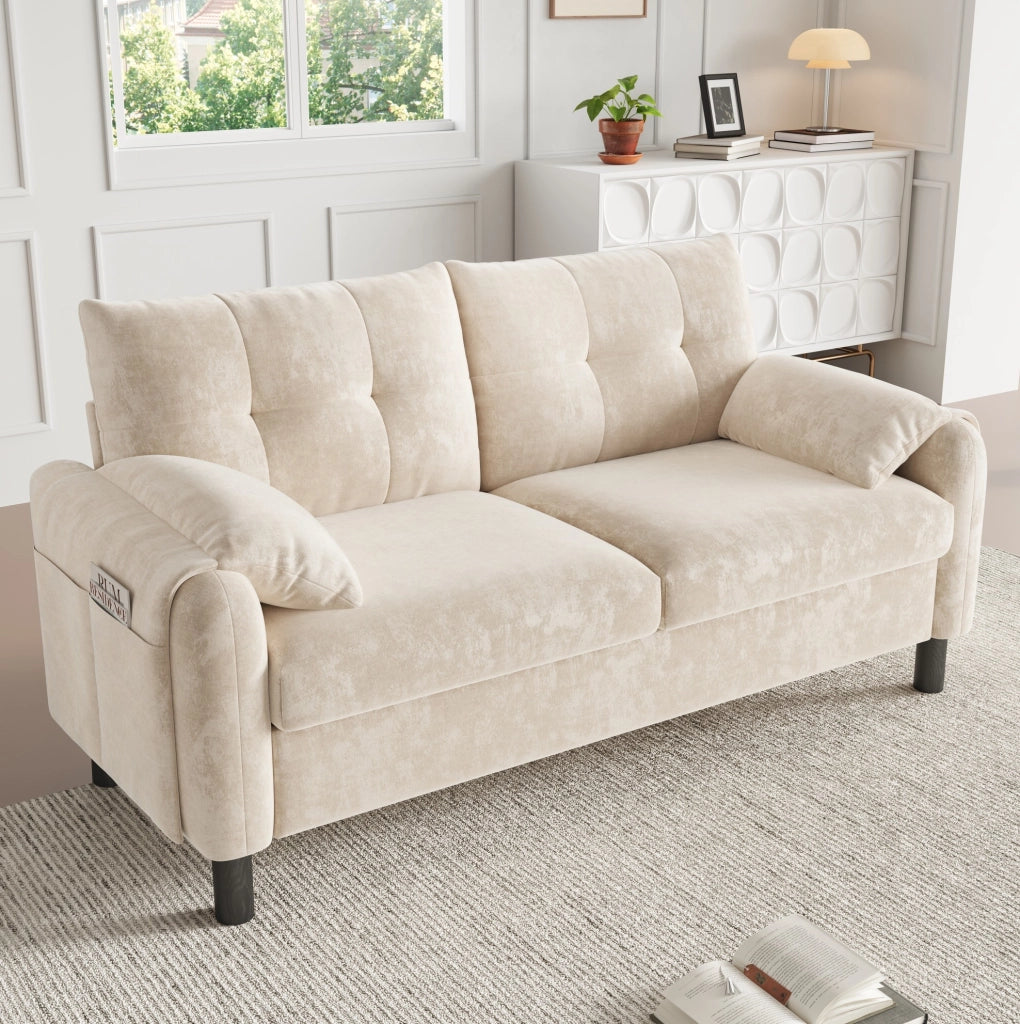 Divano 2 posti modulare in ciniglia beige con tasche laterali e 2 cuscini; 158 × 80 × 88;5 cm