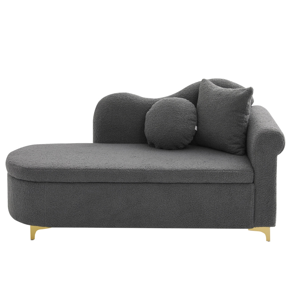 Chaise longue con vano contenitore, schienale ondulato e cuscini, in tessuto effetto teddy e metallo grigio antico