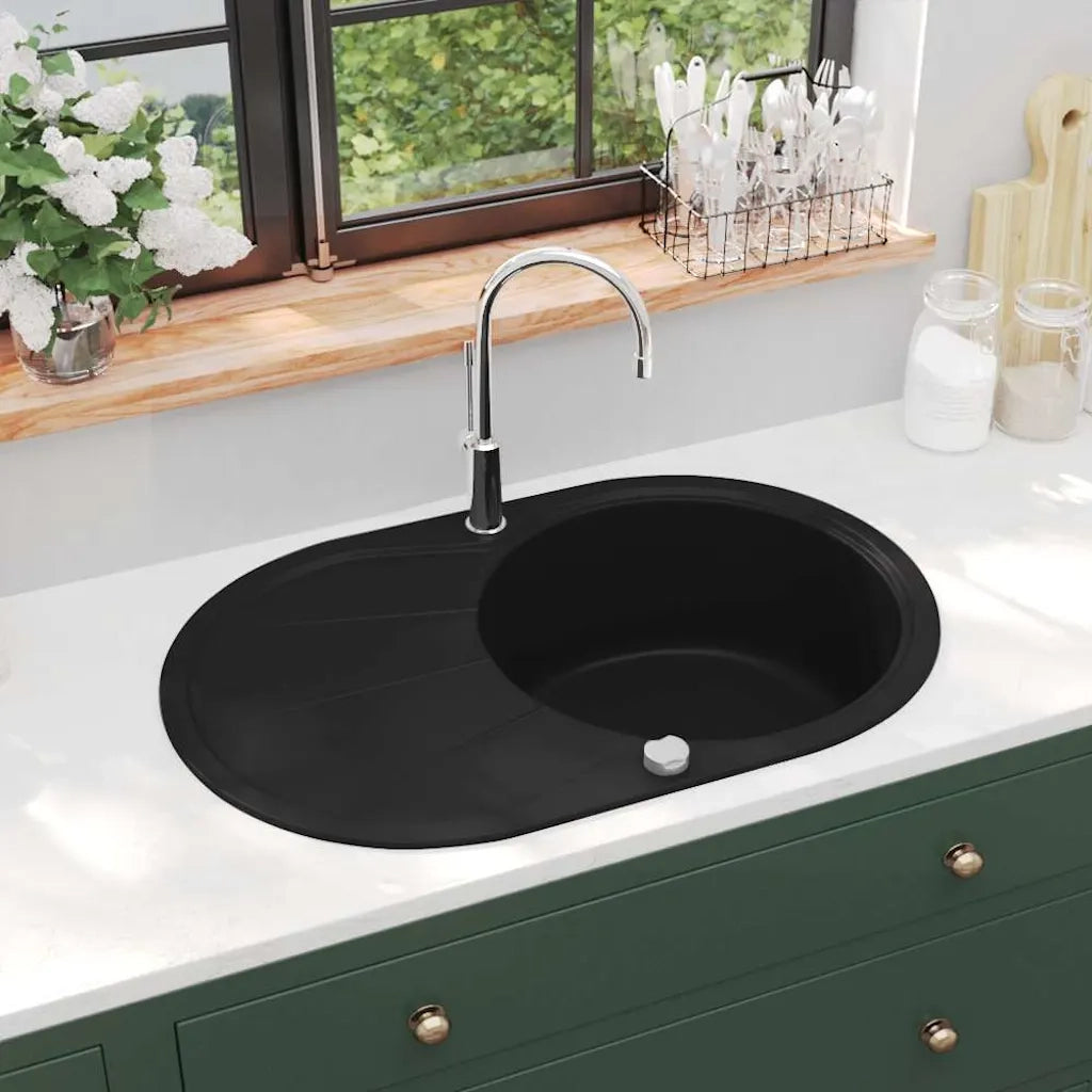 Lavello da Cucina in Granito Vasca Singola Ovale Nero CFW6175995