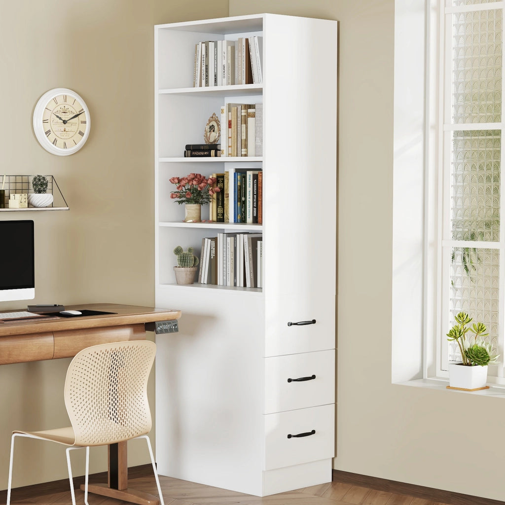 Libreria alta slim 180 cm bianca con 3 cassetti laterali, ripiani regolabili, ideale per spazi piccoli