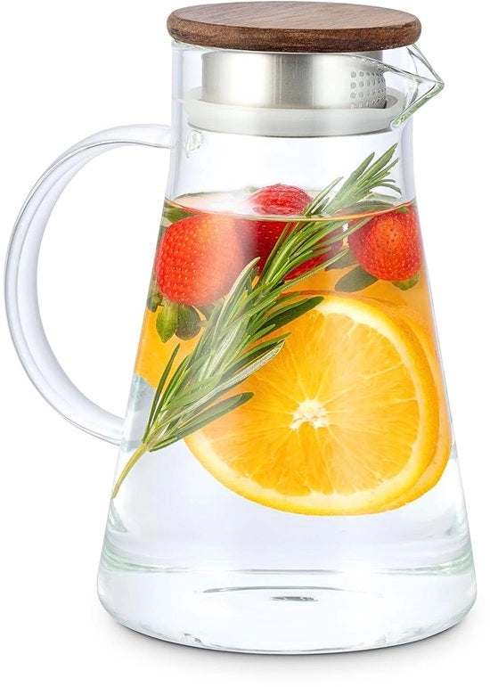 Caraffa in vetro con coperchio in legno - 1,5 l/2 l - adatta per bevande calde e fredde