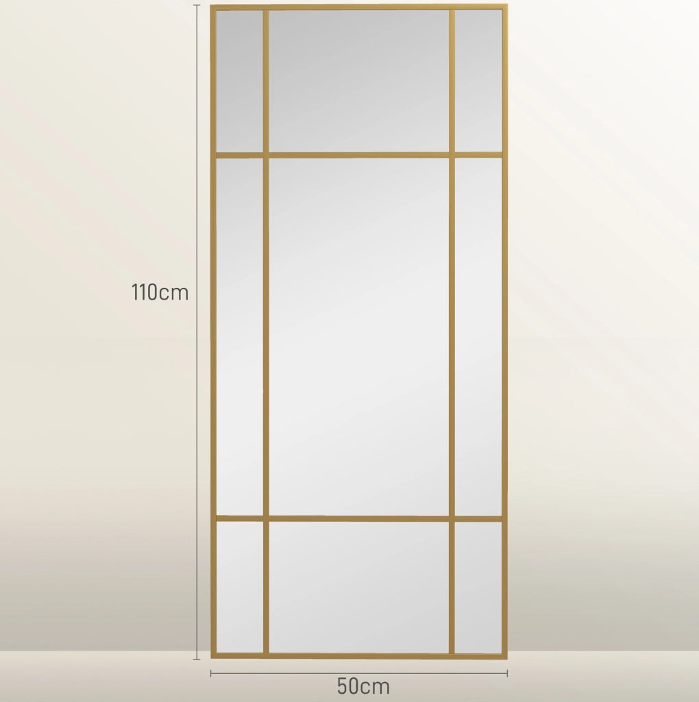 Specchio da parete ULEVR 110x50 cm con griglia decorativa e cornice in metallo dorata