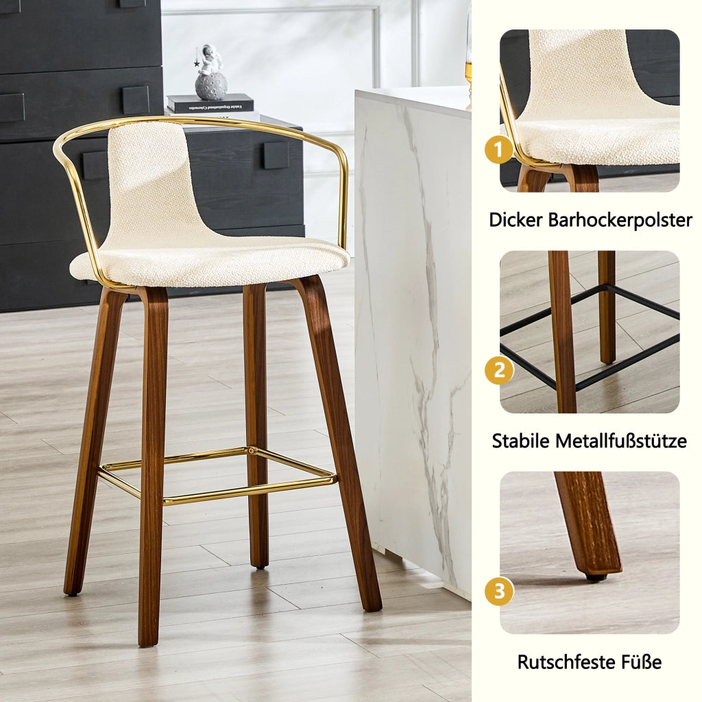 Sgabello da bar con braccioli e seduta imbottita per cucina e bancone in legno bianco 68 × 52,5 × 44 cm