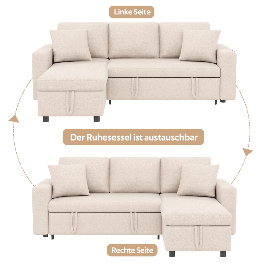 Divano letto multifunzione a L con contenitore e tasche laterali con cuscini in tessuto effetto lino beige