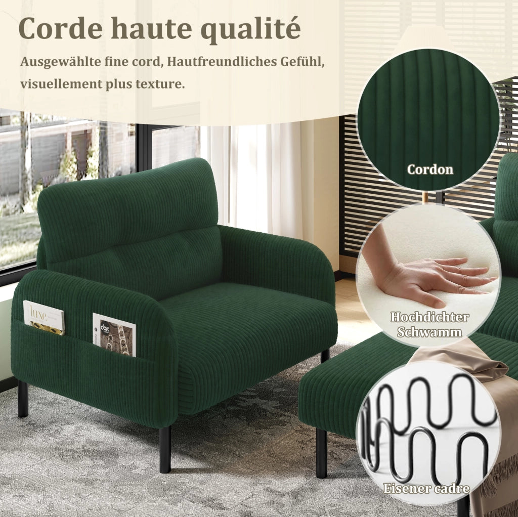Set 3 pezzi con divano 2 posti; poltrona e pouf in velluto a coste; verde smeraldo