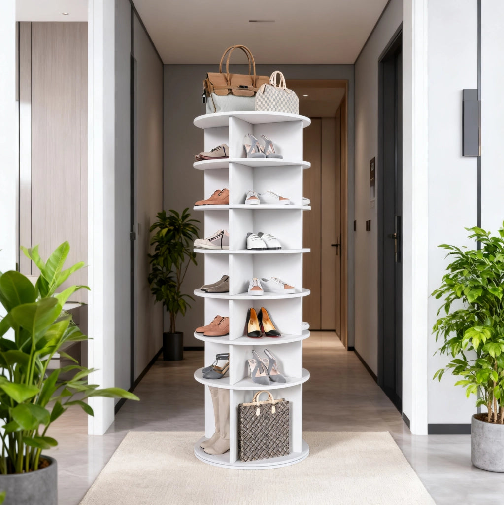 Scarpiera girevole 65x65x21.5 cm; 7 livelli 360°; in PVC bianco