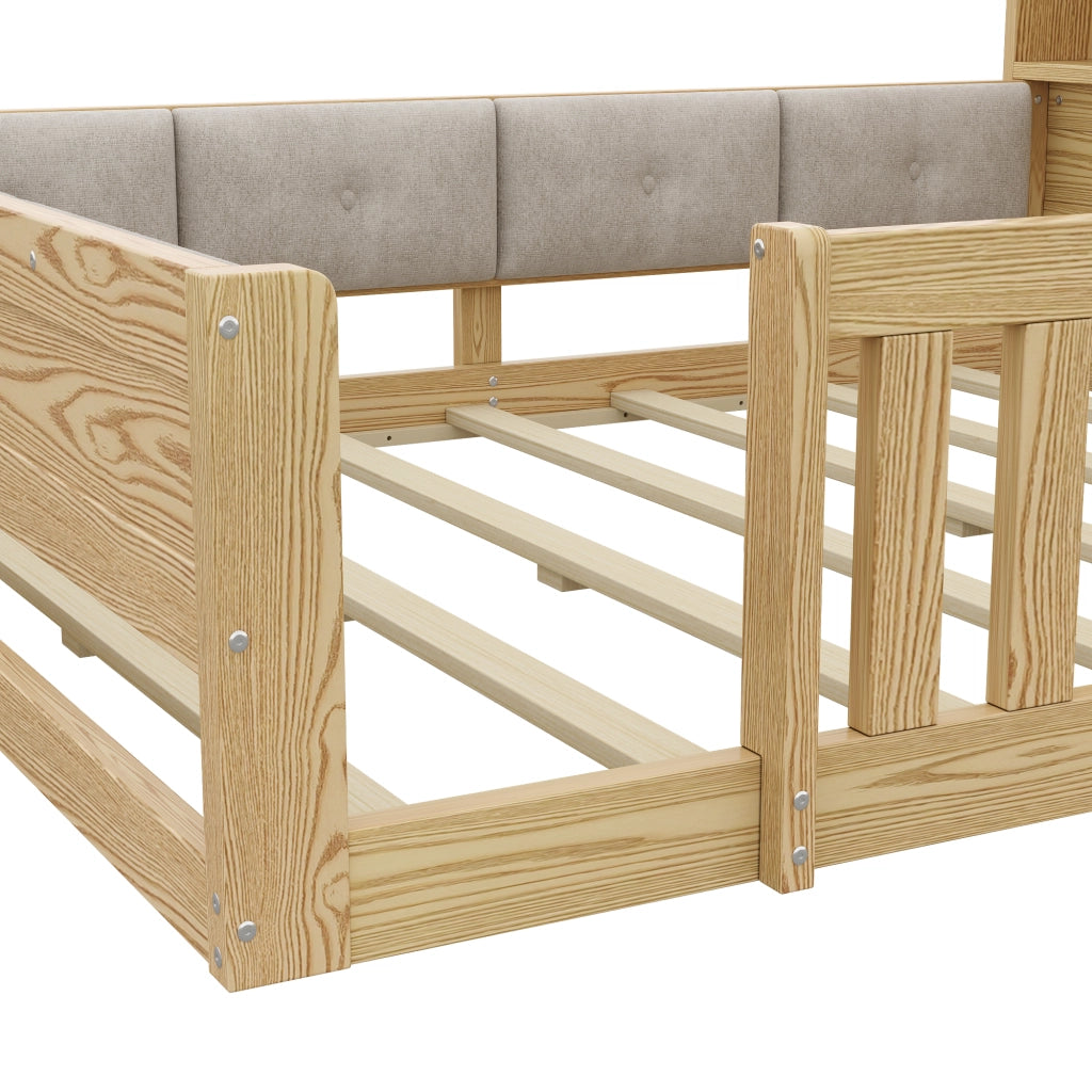 Letto per bambini 140×200 cm con testiera contenitore; sponde di sicurezza e LED; senza materasso; naturale