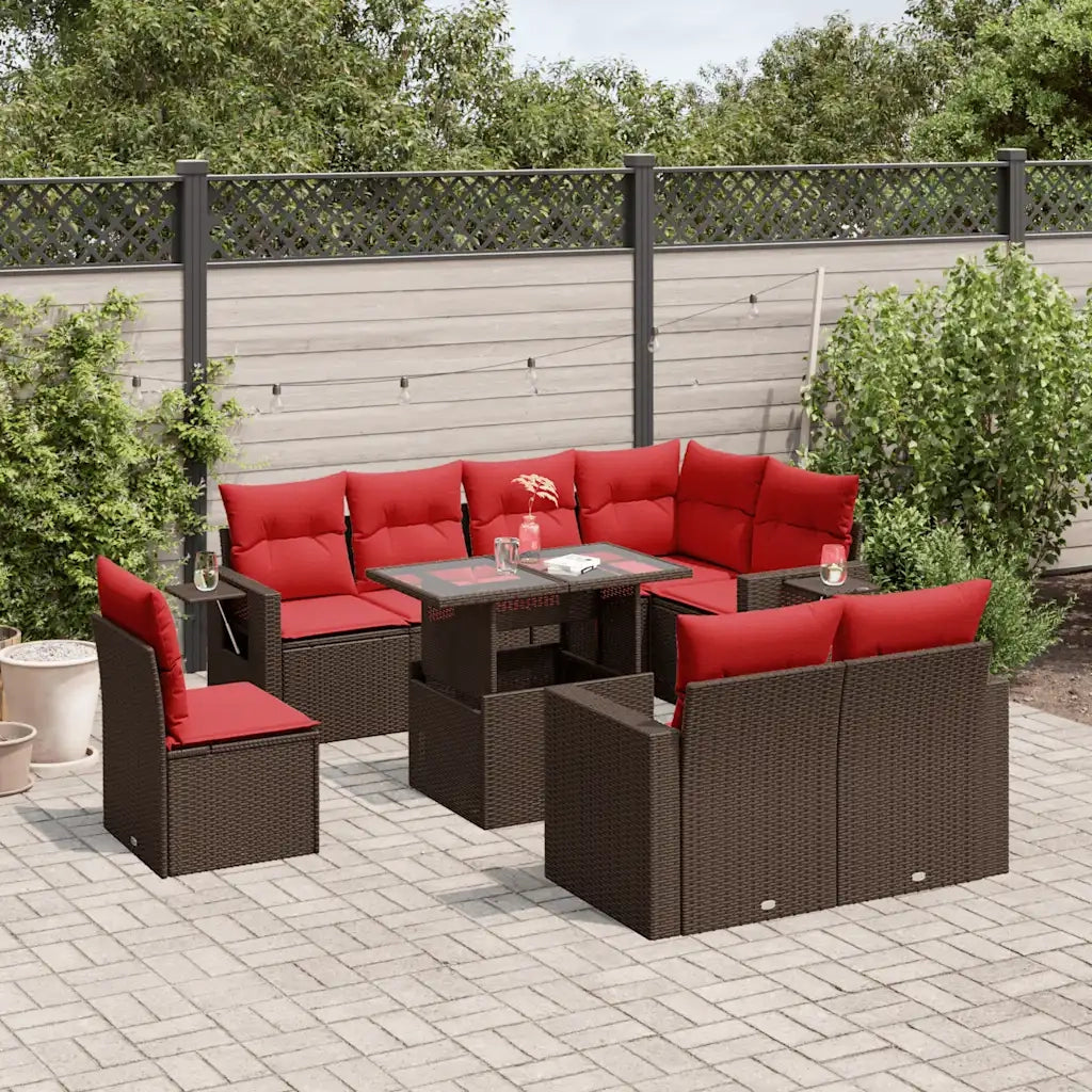 Set Divani da Giardino 9 pz con Cuscini Marrone in Polyrattan 3268044