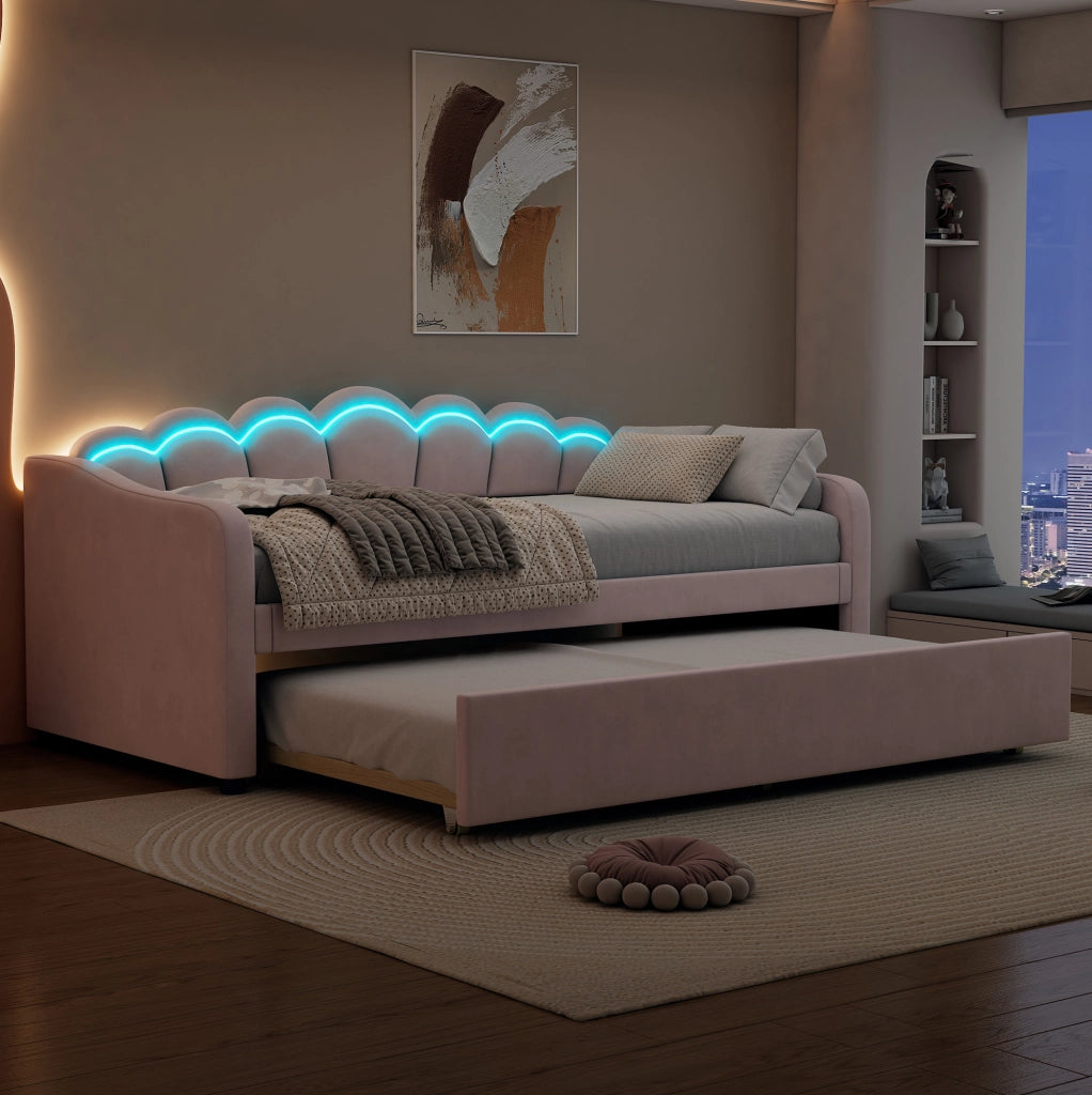 Letto singolo 90x200 cm con letto estraibile LED rosa