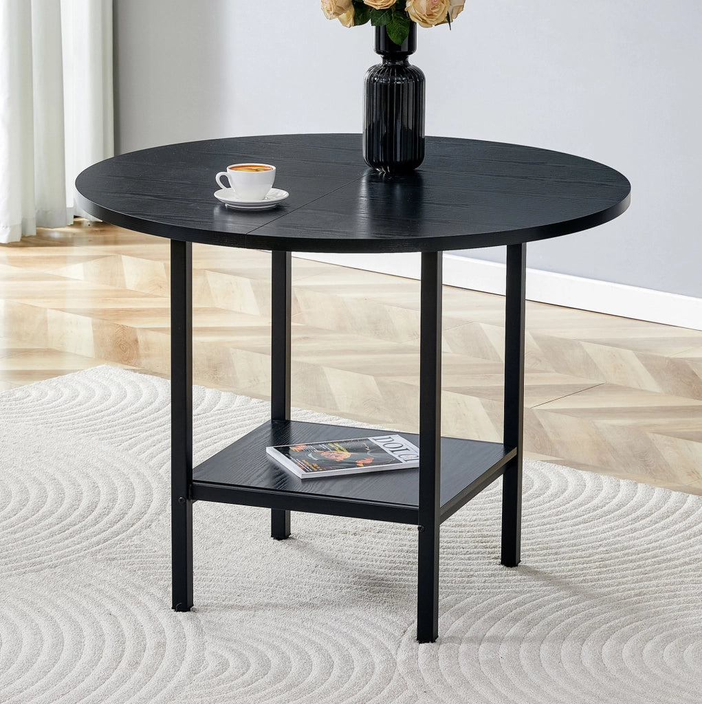 Tavolo da pranzo rotondo Ø100 cm nero con ripiano, MDF e metallo