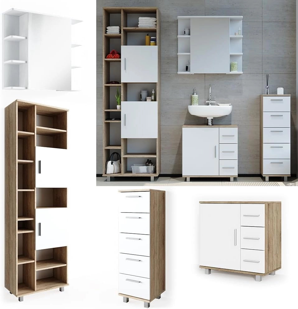 Set mobili bagno Ilias, Sonoma, 60 cm, composto da mobile lavabo, pensile a specchio, colonna e base media