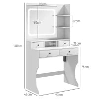 Toeletta Trucco con Luci LED 3 Tonalità e Specchio, Prese USB, 4 Cassetti e Mensole, 90x45x160cm, Bianco