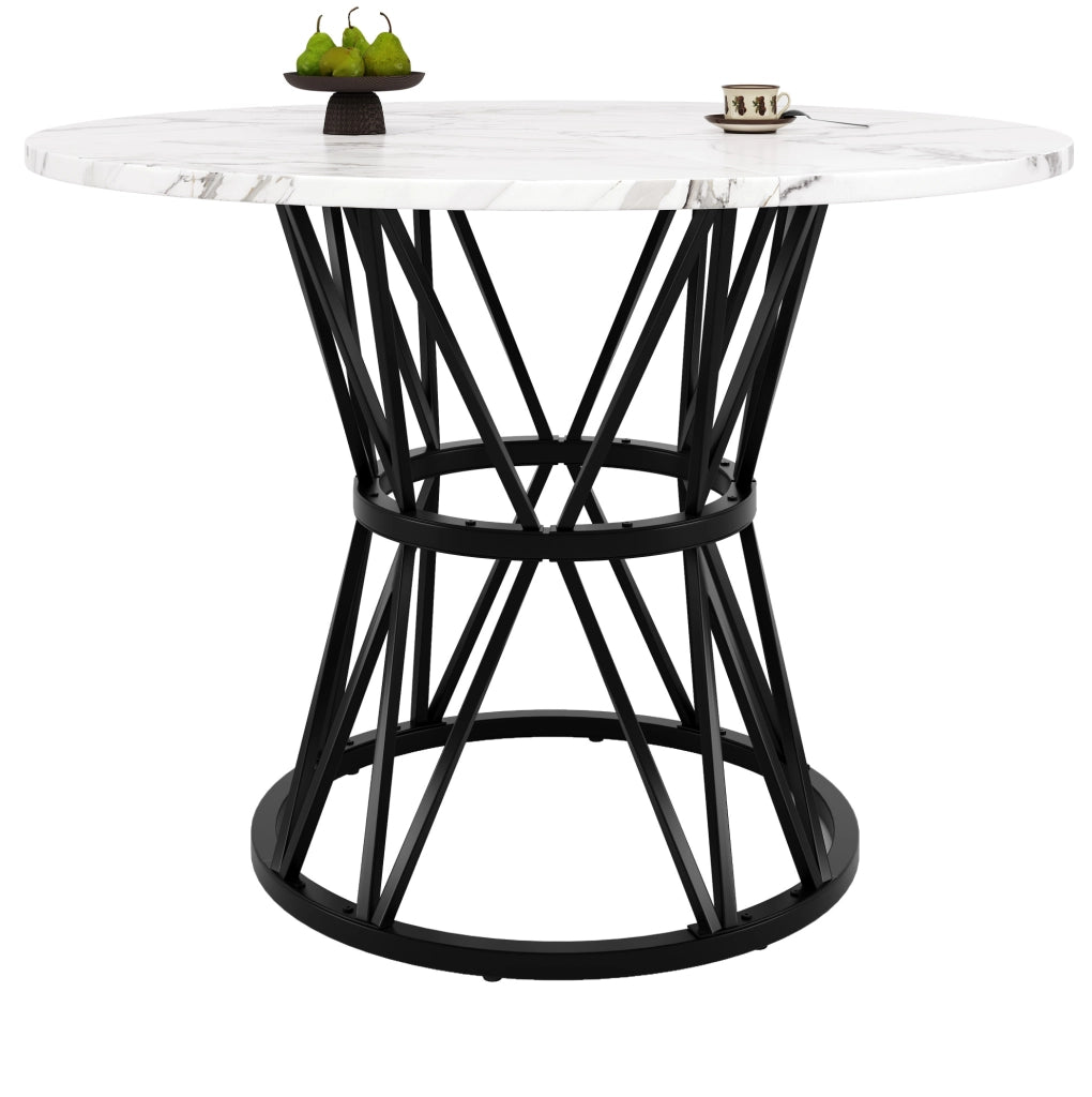 Tavolo da pranzo rotondo 100x100x76 cm; piano in MDF effetto marmo nero; struttura in metallo