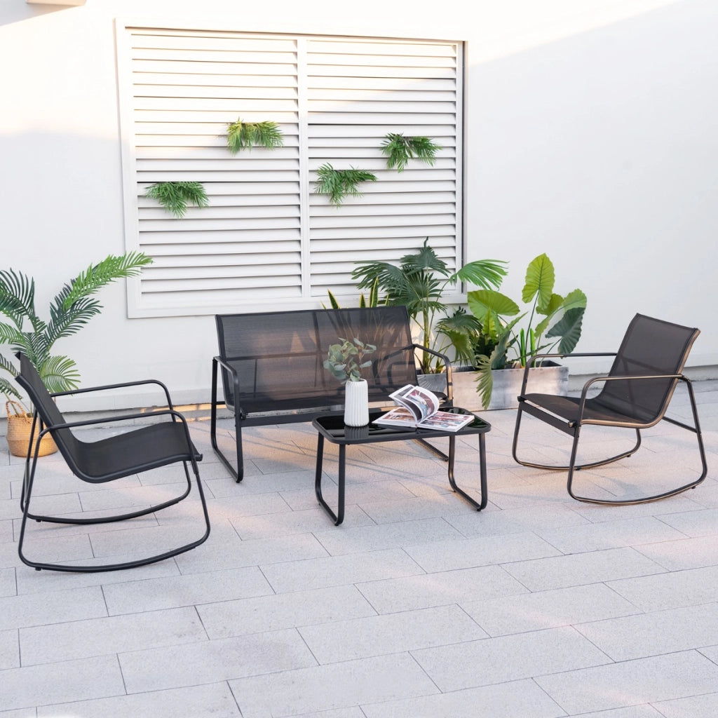 Set da 4 pezzi per il patio con sedie a dondolo, 2 Sedie a dondolo e divanetto con tavolo in vetro per portico Nero-Set mobili da esterno