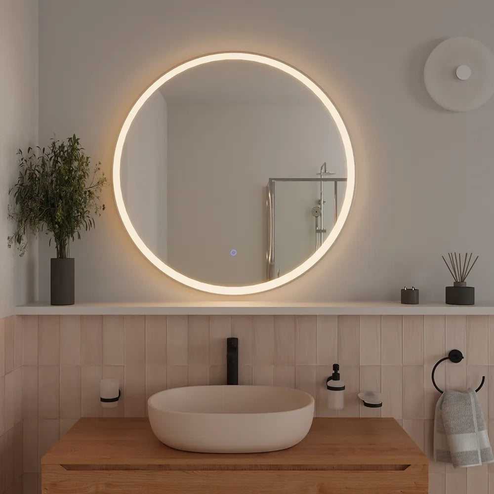 Specchio led tondo Ø 80 cm cornice bianco opaco touch screen luce calda/fredda