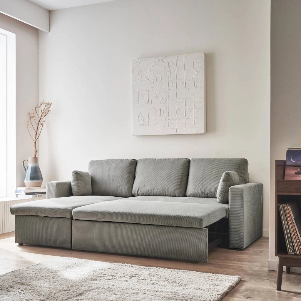 Divano letto angolare reversibile in velluto a coste, 3 posti, grigio