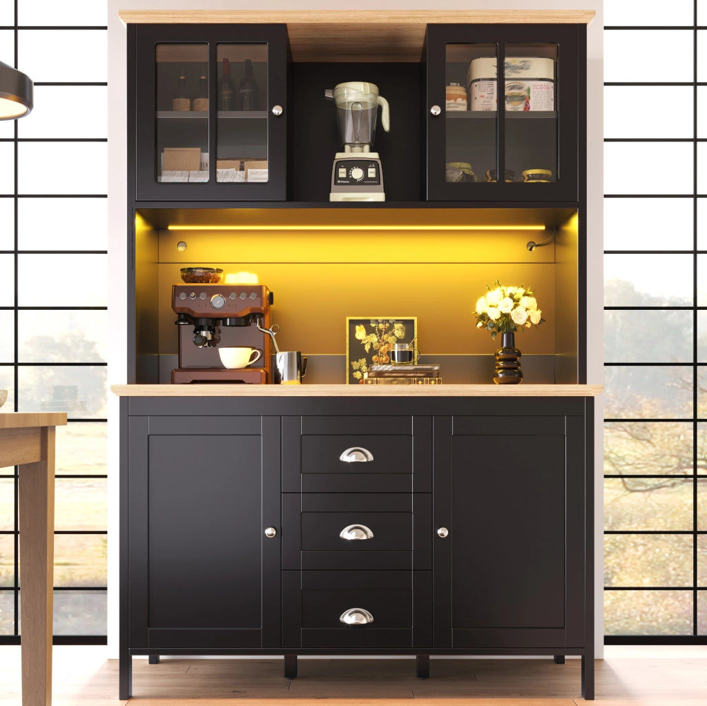 Credenza alta con LED, 4 ante e 3 cassetti, 120x40x179 cm