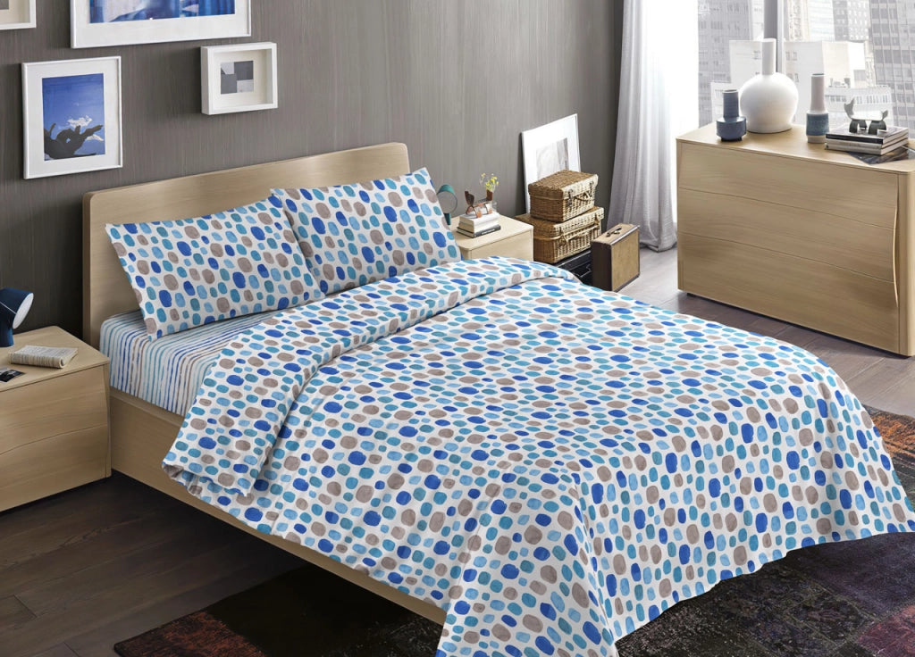 Completo Lenzuola Letto Camera In 100% Cotone Made Italy Vari Disegni RP - 2 Piazze - Summer Blu