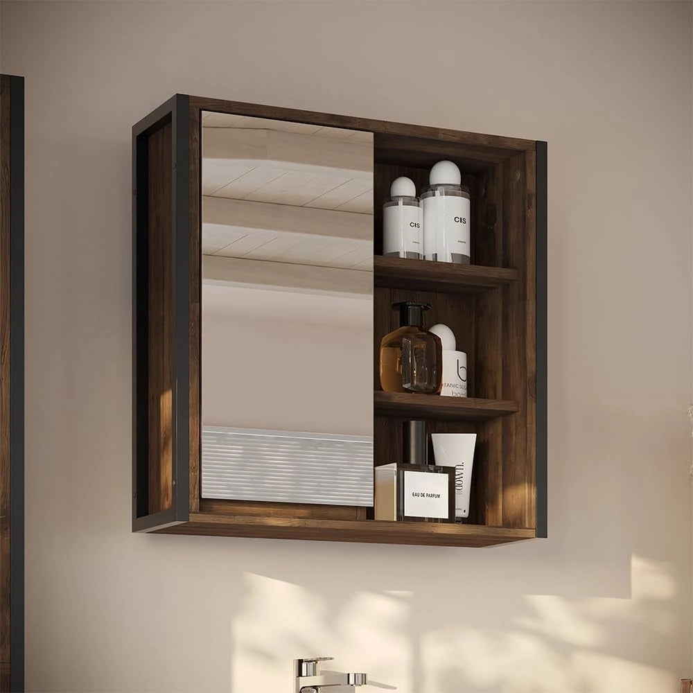 Specchio contenitore bagno Naola, Quercia/nero, 62.2 x 62.5 cm con 1 porta a specchio, per la conservazione di articoli da bagno e asciugamani