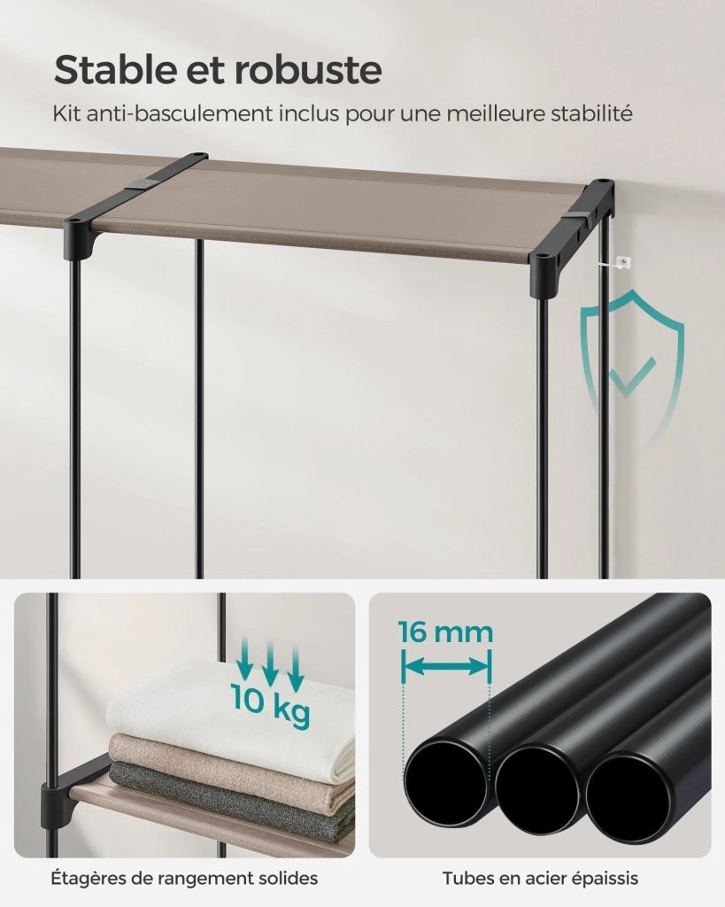 Armadio appendiabiti 43 x 138 x 182 cm 3 scomparti appendiabiti con ripiani grande capacità per camera da letto per adulti camera da letto per bambini soggiorno spogliatoio nero 12_0003976
