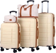 Set di 5 Pezzi Valigie da Viaggio, Set 3 Valigie Rigide in ABS (28”/24”/20”con 1 Bagaglio a Mano e 1 Borsetta, Lucchetto a Codice, Manico Telescopico e Ruote Girevoli, Trolley da Cabina (Beige)