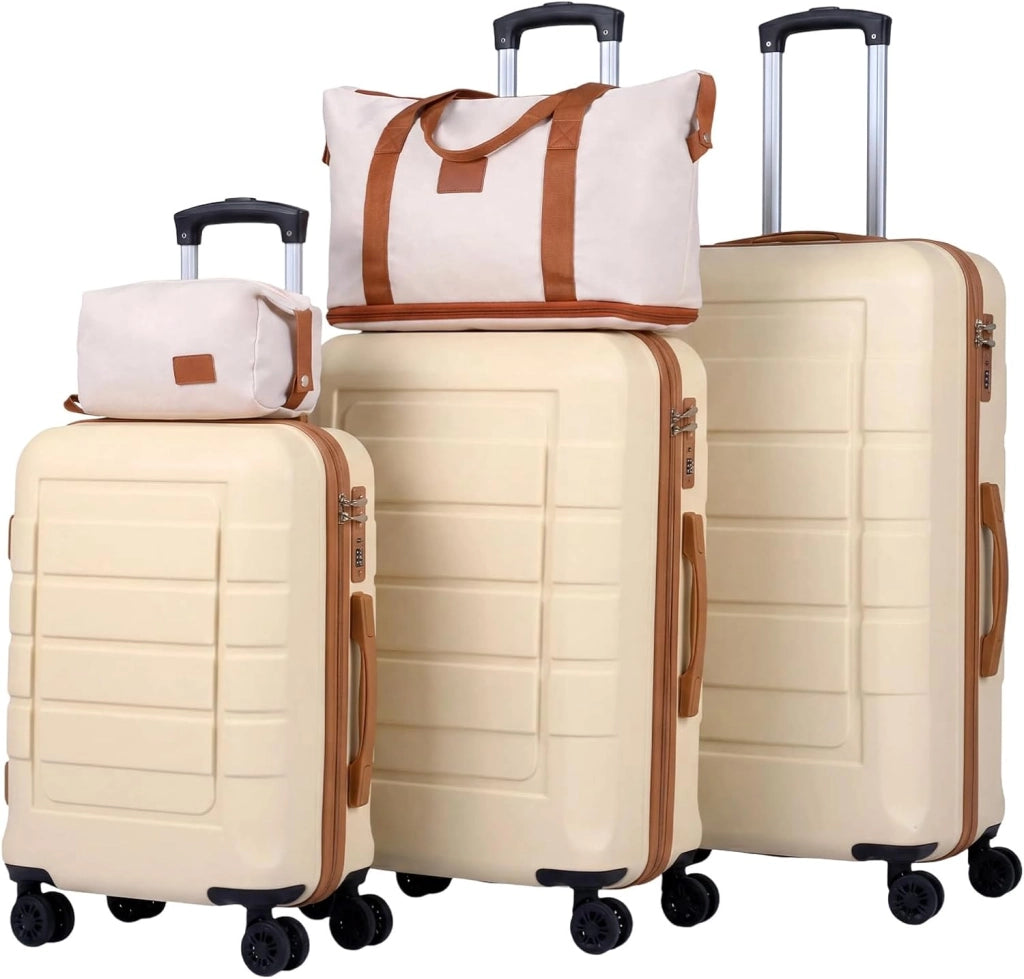 Set di 5 Pezzi Valigie da Viaggio, Set 3 Valigie Rigide in ABS (28”/24”/20”con 1 Bagaglio a Mano e 1 Borsetta, Lucchetto a Codice, Manico Telescopico e Ruote Girevoli, Trolley da Cabina (Beige)