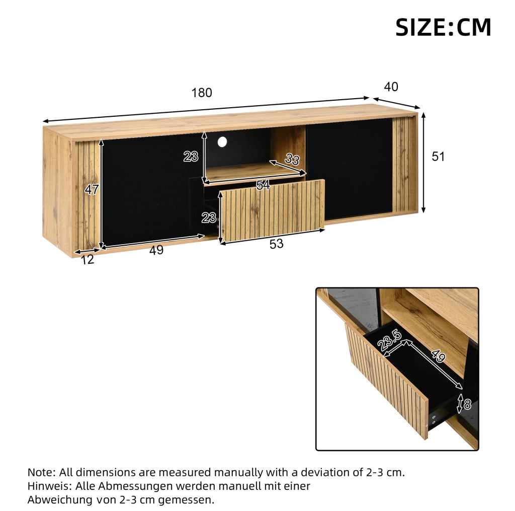 Mobile TV ULEVR 180x40x51 cm con LED Bluetooth, 2 ante e cassetto, nero e legno naturale