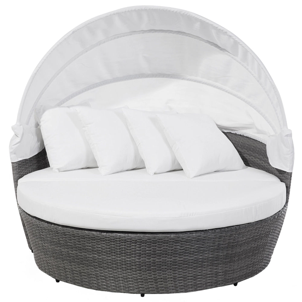Lettino da giardino bianco e grigio finto rattan con cuscini Tavolino resistente alle intemperie