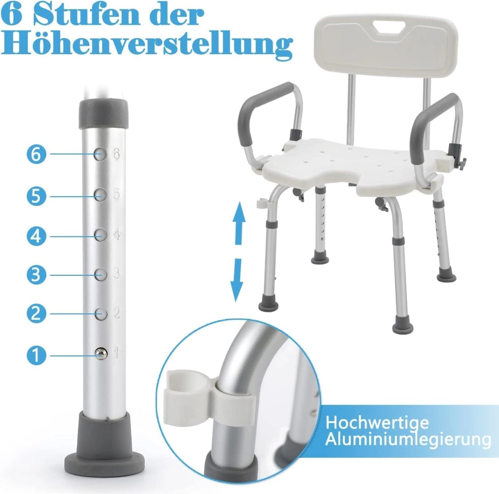 Sgabello da doccia per anziani, altezza regolabile, 37,5-50 cm, in alluminio, moderno, 150 kg, con schienale e braccioli
