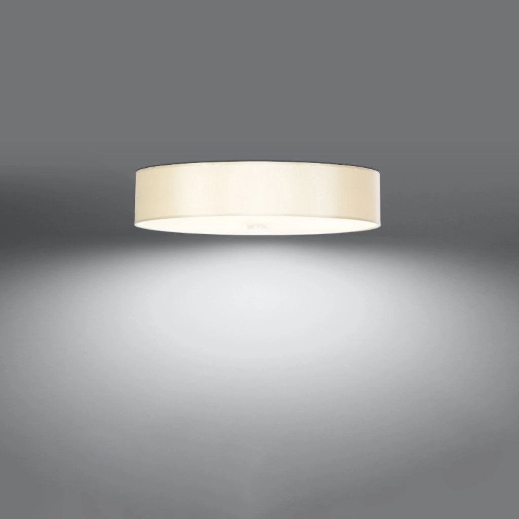 Lampadario da soffitto rotondo a 5 luci della serie SKALA in tessuto bianco, vetro e acciaio