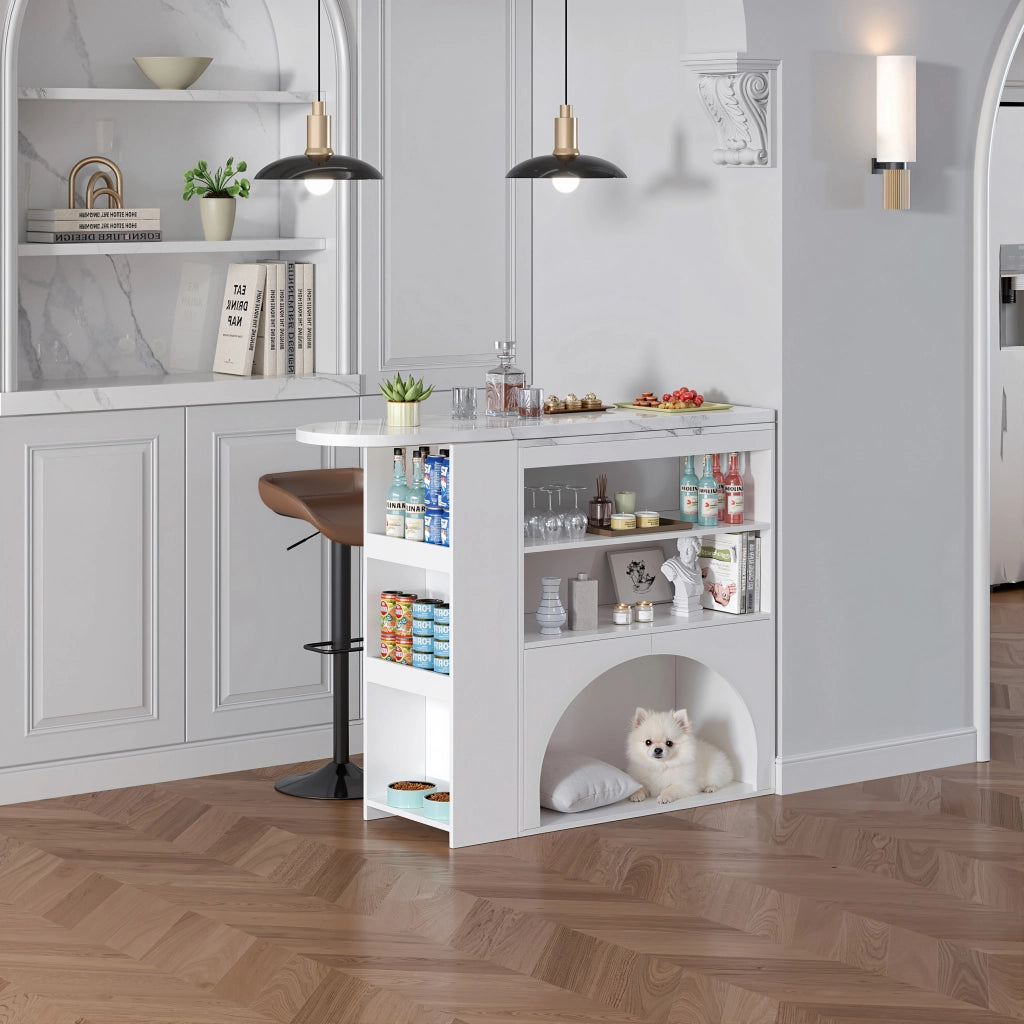 Tavolo allungabile per 2-4 persone con 2 vani aperti e spazio per animali design moderno effetto marmo in MDF bianco