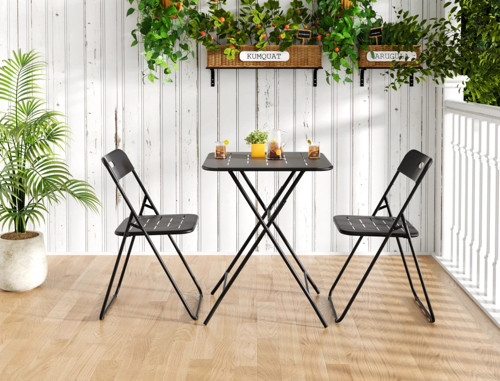 Set bistrot da esterno pieghevole 3 pezzi in acciaio; nero