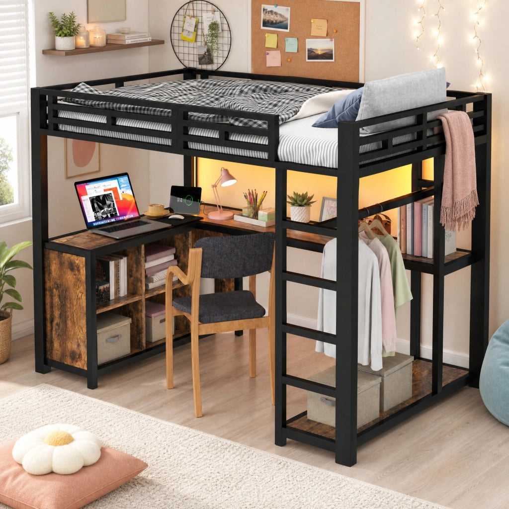 Letto a soppalco 140x200 cm con scrivania, LED e USB, nero