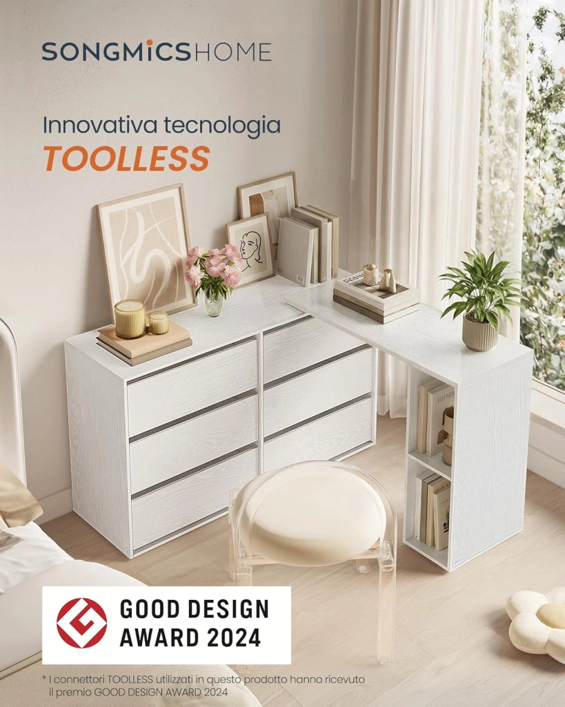 SONGMICS HOME Tavolo da Trucco, Montaggio Rapido Senza Attrezzi Toolless, Cassettiera, Armadio con Scaffale, Affiancati o a Forma di L, per Camera da Letto, Studio, Bianco Neve LTS656W01