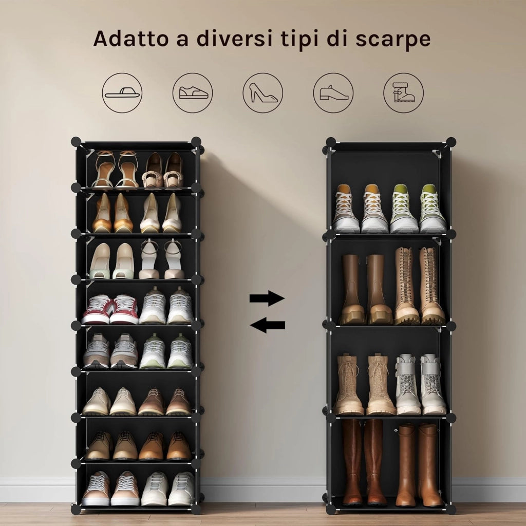 Scarpiera, 2x8 Livelli per 32 Paia di Scarpe, Armadietto ad Incastro con Ante, Scaffale Portascarpe per Giochi, Pannelli in PP, con Mazzetta in Plastica, Nero+Bianco