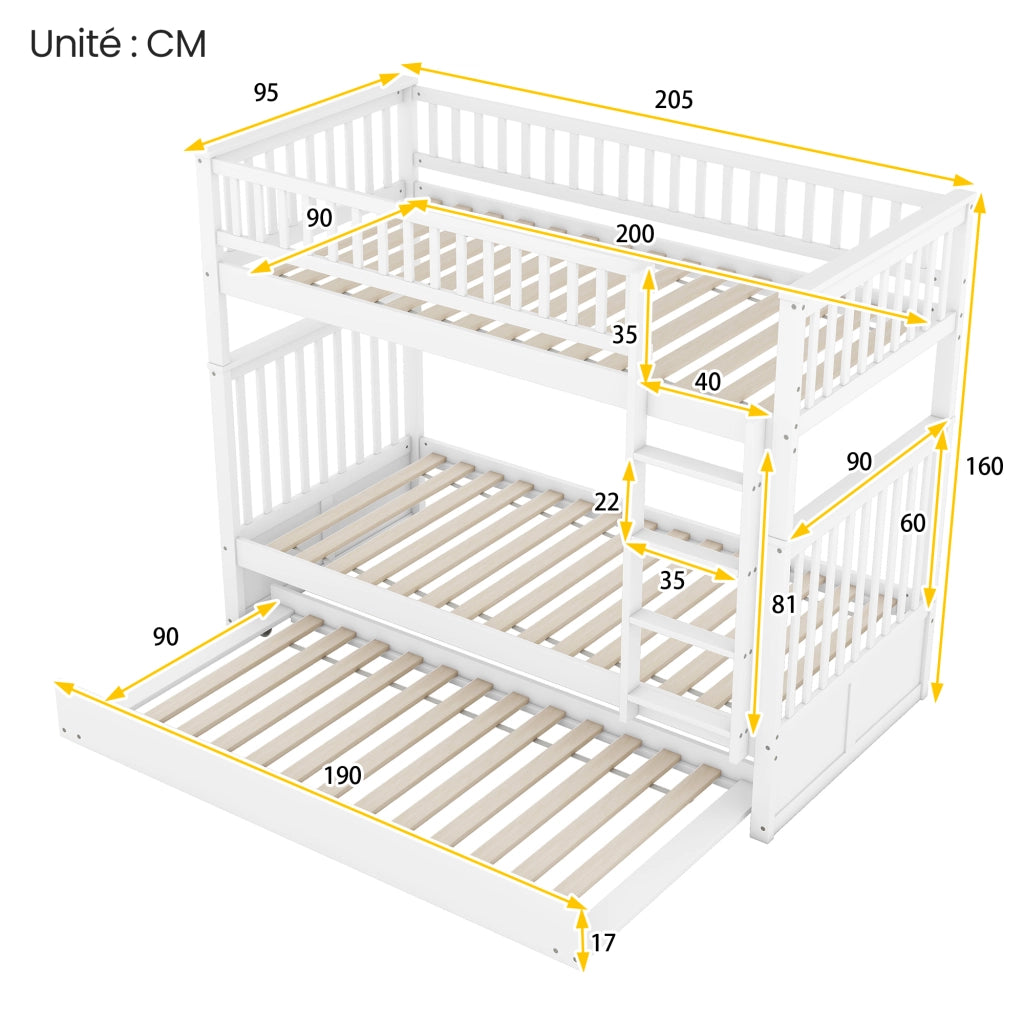 OKWISH Letto a Castello 90×200 cm, Letto 3 Posti con Letto Estraibile, Scala e Sponde Alte, senza Materasso, in Pino, Bianco